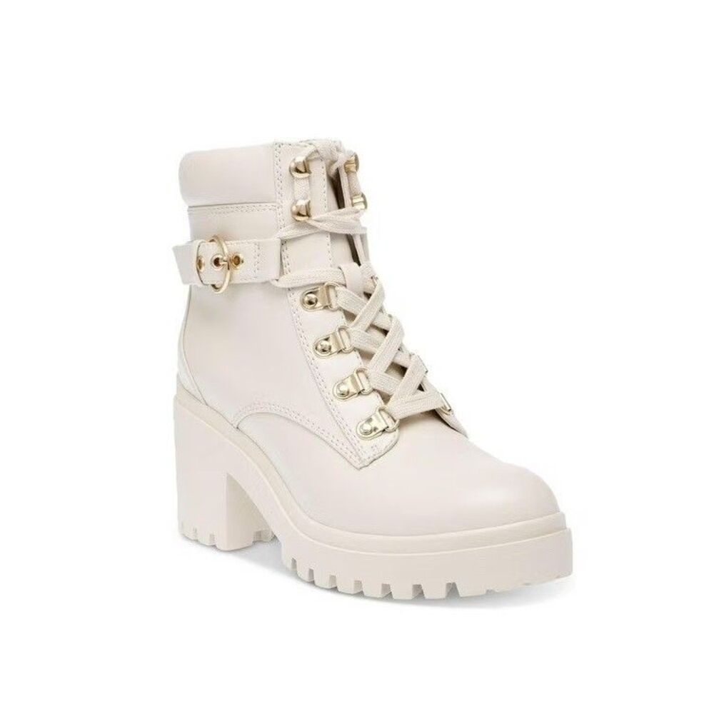 Wild Pair Womens 8 M Bone Smooth Bridgitt Lace Up Block Heel Combat Boots NIBOU6